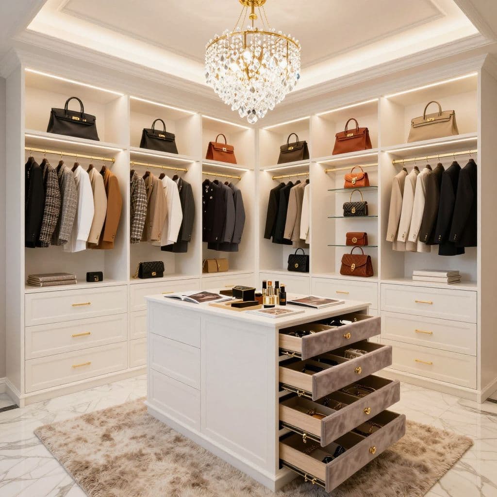 Luxury walk-in closet with crystal chandelier, designer handbags, and custom cabinetry organized by Organized LA